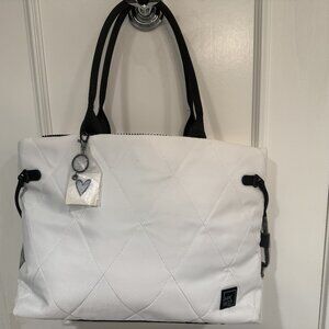 Quilted Tote White with black straps with Guitar Strap, water repellent nylon
